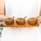 Teak Wood Condiment Dipping Bowl with Lid and Tray Set