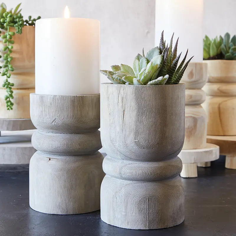 Medium Pillar - Grey Paulownia Wood Candle or Succulent Holder