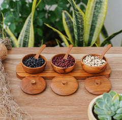 Teak Wood Condiment Dipping Bowl with Lid and Tray Set