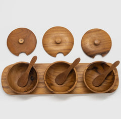 Teak Wood Condiment Dipping Bowl with Lid and Tray Set