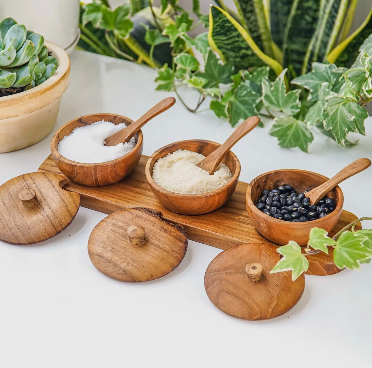 Teak Wood Condiment Dipping Bowl with Lid and Tray Set