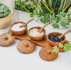 Teak Wood Condiment Dipping Bowl with Lid and Tray Set