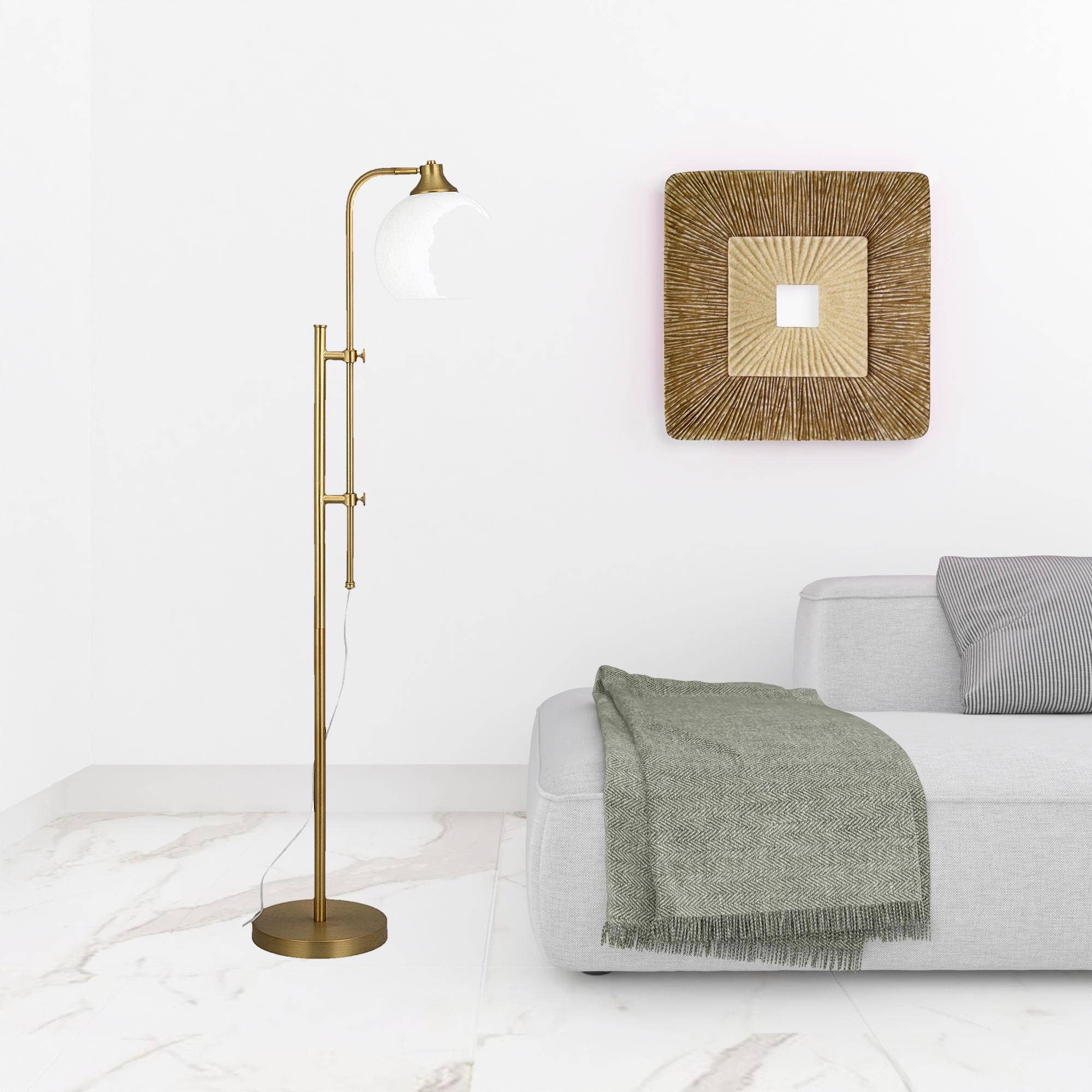 Brass Adjustable Floor Lamp With White Globe Shade - 68"