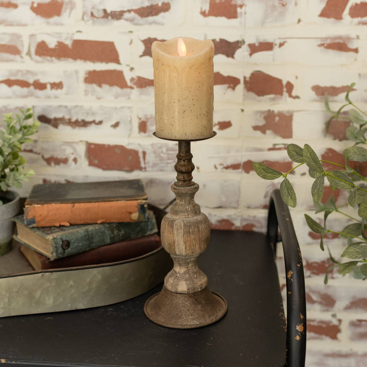 Vintage Inspired Wood and Metal Spindle Candlestick