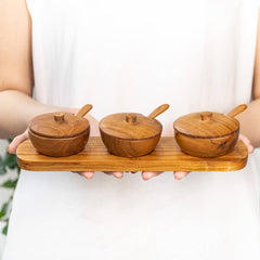 Teak Wood Condiment Dipping Bowl with Lid and Tray Set
