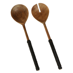 Wood & Black Leather Salad Servers